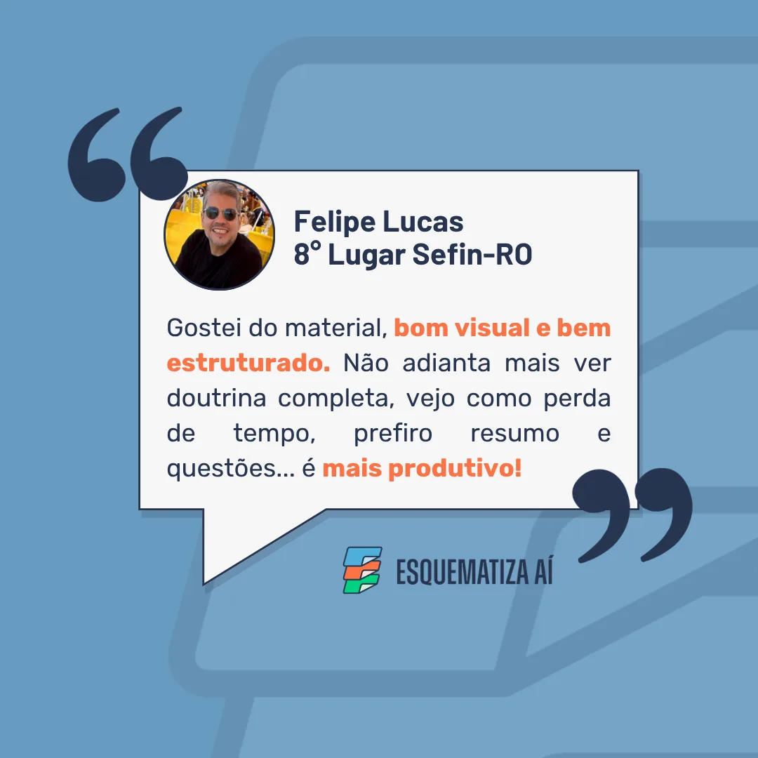Depoimento de Felipe Lucas, 8º Lugar Sefin-RO: Gostei do material, bom visual e bem estruturado. Não adianta mais ver doutrina completa, vejo como perda de tempo, prefiro resumo e questões... é mais produtivo!